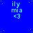 Blue background with green dots, repeated text 'ily mia <3' in light blue, and a gray rectangle in the bottom-right corner.