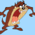 Pixelated cartoon characters Taz and Daffy Duck in dynamic poses against a light blue background, Taz with brown fur and open mouth, Daffy with black feathers and yellow beak.