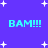 Blue background with white stars and four instances of cyan 'BAM!!!' text in pixelated font.