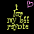 Pixelated yellow text reading "i luv my bff raydie" on black background with pink heart above, two versions showing animation change.