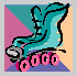 Six pixelated roller skate icons in a , each with distinct color schemes and wheel colors against geometric backgrounds