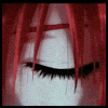 Red-haired anime-style character with closed eyes and tears, transitioning to open red eyes in a of animated frames