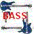 Blue electric guitars and red text on a white background with pixelated noise; the word 'BASS' appears in one frame, 'IT'S' in another, and 'LIFE' in the third.