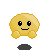 Four pixelated yellow circular characters with black eyes and gray shadows, each displaying distinct facial expressions and props against a light gray background.