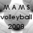 Black-and-white image of a volleyball with overlaid text reading "MAMS volleyball 2008" and "busfin ours to kick yours <3".