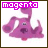 A 48x48 pixel animated buddy icon featuring a pink cartoon dog with magenta text above it, displayed in two side-by-side frames showing slight pose differences.