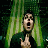 Pixelated static image of a person with dark hair and open mouth making a gesture, set against green vertical background elements.