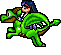 Pixel art of a girl with long dark hair riding a green dragon, shown in two sequential poses against gray background.