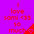 A static image with a bright purple background displays repeated text and symbols in red, including "I love sami <33 so much" followed by a heart symbol.