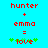 Red pixel text on cyan background shows 'hunter + emma = love' with green plus symbols, where the word 'love' is partially obscured by green pixels.