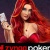 A pixelated figure with long red hair holds a small white cat against a dark background, wearing a red garment that exposes the torso.
