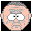 Pixelated cartoon face with peach skin, gray hair, and white eyes showing black pupils on a black background.