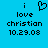 Pixelated blue background with black text reading 'i love christian 10.29.08' and a heart symbol replacing the letter 'o' in 'love'.