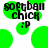 Green circular background with black text reading 'SOFTball chick' and a ':P' emoticon, featuring pixelated rendering.