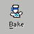 Pixelated character in white chef's hat with blue band and blue X on chest, interacting with brown-shirted figures against gray background.