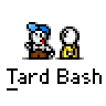 Animated contact sheet of pixel art characters with speech bubbles and text labels, showing sequential frame changes in a 4x4 grid layout on gray background.