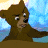 Brown cartoon bear with large ears and dark eyes stands against a blue sky background with light yellow and white clouds.