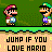 Pixel art contact sheet showing Mario and Luigi characters in multiple frames with text "JUMP IF YOU LOVE MARIO" on a green background.