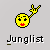 Pixelated yellow emoji face with red lips and black eyes making a rock gesture, displayed in three variations beneath the text 'Junglist' on gray background.