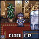 Pixel art character in gray outfit stands on red carpeted room with ornate furniture and plant, text 'CLICK ME!' at bottom.
