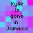 Pixelated text reads 'Kylie is gone in Jamaica' on a of cyan, purple, and magenta squares