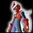 Pixelated character in red and blue attire with yellow accents, holding a red weapon-like object against a gradient background.