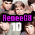 Pixelated collage of four sections: top-left group photo with 'ReneeCB' text, top-right pink heart with 'Loves', bottom-left close-up with 'Justin Bieber', bottom-right group photo with 'And 1D' text.