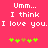 Pixelated text on bright pink background with green and brown star-like symbols below.