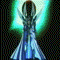 Animated sequence of a blue-robed figure with glowing teal aura, transitioning from raised arms to winged form and then to tiger-like paws.
