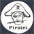 A circular white icon with a dark blue border contains a pixelated pirate skull wearing a tricorn hat, with crossed swords behind it and the word 'Pirates' below.