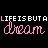 Animated contact sheet of a repeating text-based buddy icon with pink and white pixelated lettering on black background, showing frame-by-frame variations in the top row's 'LIFEISBUTALIFE' text.