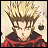 Pixelated anime-style character with spiky blonde hair and green eyes, wearing a red garment against light background.