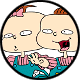 Two cartoon heads in circular frame; one head has pink and brown hair, the other is bald with a red mouth. Both wear striped shirts and blue overalls.