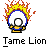 Animated contact sheet showing 11 frames of a pixel art buddy icon featuring a yellow lion-like creature with blue circular shield and orange flames, interacting with a white sphere in various poses across sampled frames.