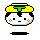 Pixelated cartoon character with yellow helmet and green T-shaped visor, white face showing orange blush marks in first frame only.
