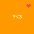 Pixelated orange background with four white '7<3' icons arranged in a square, a pink heart at top center, and two pink dot clusters at top right and center.