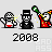 Pixel art animation of three characters: a white figure, a black-topped figure, and a red-and-green maraca-wielding figure with yellow accents.