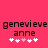 Pixelated text 'genevieve anne' on bright pink background with five white and pink heart symbols below.