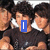 A group of people in dark clothing with white collars, featuring a blue text box that changes from 'I' to 'Love'.