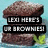 Pixelated image of stacked brown food items with overlaid text reading "LEI HEE'S LAR BROWNIE!" on a light blue background.