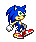 Pixel art of a blue anthropomorphic hedgehog in three sequential poses showing walking motion with red-and-white sneakers, green eyes, and white gloves against gray background.