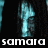 Pixelated image of a figure with long dark hair and a hooded cloak, with a glowing blue vertical shape on the left side and the text 'samara' at the bottom left.