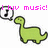 Green dinosaur with black outline and white eyes appears in three variations, each paired with a speech bubble containing a musical note symbol.