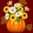 Pixelated static image of a pumpkin-shaped vase holding sunflowers and daisies against a dark red background with brown leaves.