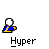 Pixel art character with white head and blue-yellow outfit holding weapons, transitioning from static to pink beam effects