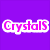 Purple background with pink 'Crystals' text and white outline on left; yellow star with black background on right.
