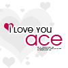 A static icon features 'i love you ace' text with a red heart symbol, set against a white background with faint gray heart shapes.