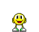 Yellow pixelated character with white eyes, red mouth, green-accented shoes, and raised arms in various poses including speech bubbles reading 'Super' and 'Super duper'.