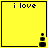 Yellow square with black border containing 'i love' text and four distinct pixelated icons in bottom-right corner across frames.