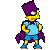 Pixelated cartoon character with yellow skin, purple hat and cape, light blue shirt and shorts, standing in various poses against gray background.